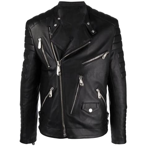 Solid Black Zipper Detailed Men Genuine Leather Jacket