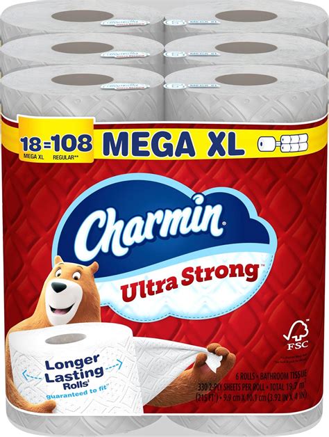Amazon.com: Charmin Ultra Strong Toilet Paper, 18 Mega XL Rolls = 108 ...