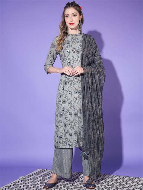 Grey Collar Neck Kurta Sets – The Fab Factory
