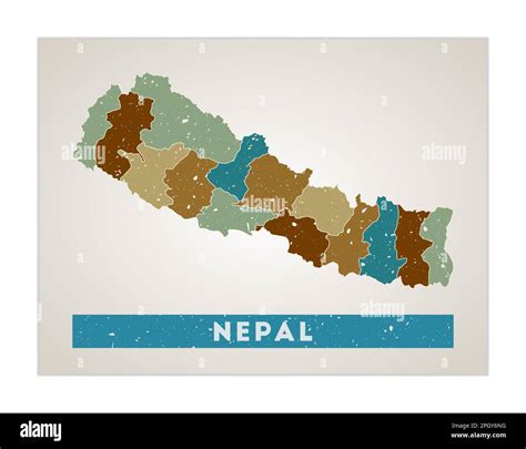 Nepal map. Country poster with regions. Old grunge texture. Shape of Nepal with country name ...
