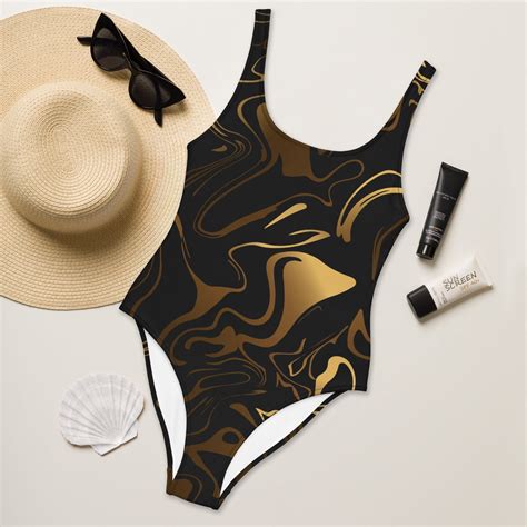 Printed Black & Gold Effect One-Piece Swimsuit