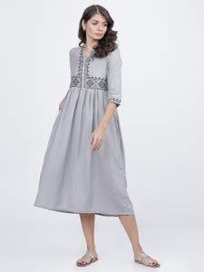 Vishudh Women Fit and Flare Gold Midi/Calf Length Dress - Buy Vishudh ...