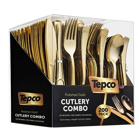 200 Gold Plastic Silverware Set - Plastic Gold Cutlery Set - Disposable ...