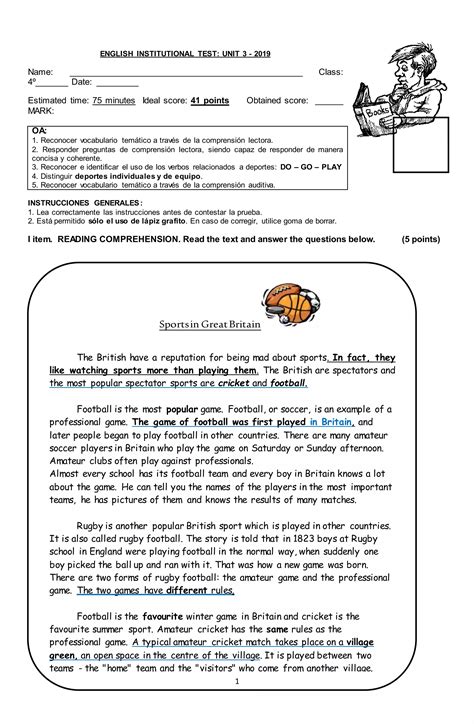 4th. graders, unit 3 english institutional test | DOCX