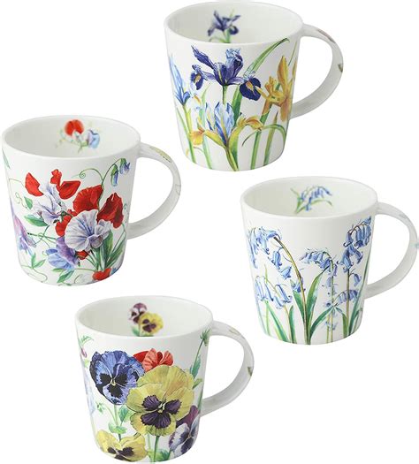 Bone China Coffee Tea Mugs Set of 4 - Purple Blue Floral