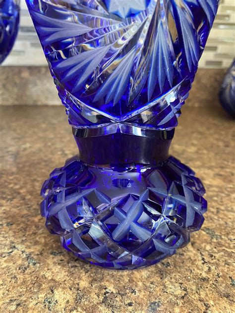 Vintage Heavy Bohemian Cobalt Blue Vase, Cut to Clear Crystal Vase ...