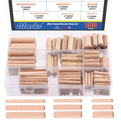 Glarks 200Pcs 1/4" 5/16" 3/8" Wooden Dowel Pins Set, 9 Sizes Straight ...