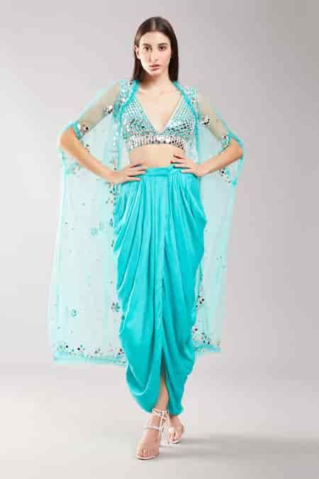 Buy Blue Net, Satin Mirror, Sequin Cape Open Work And Skirt Set For ...