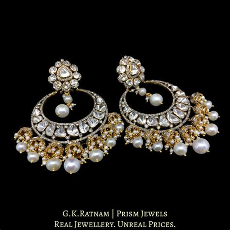 14k Gold and Diamond Polki Open Setting Chand Bali Earring Pair with J ...