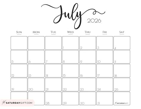 Elegant Printable Calendar 2026 by SaturdayGift - Readers' Favorite!