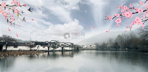 中国风江南小桥流水水墨桃花壁纸图片素材-正版创意图片500448047-摄图网