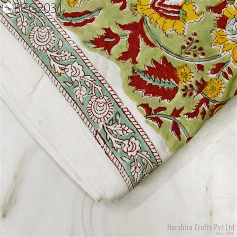 Indian Green Block Printed Soft Cotton Fabric by the Yard Hand Stamped ...