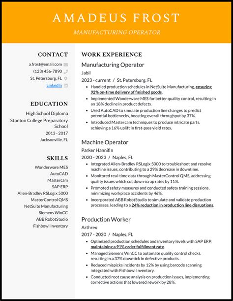 Manufacturing Resume Examples 的图像结果
