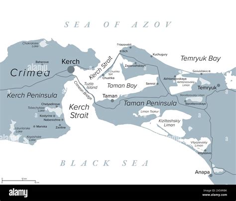 Kerch Strait in Eastern Europe, gray political map. Narrow waterway that connects the Black Sea ... - map of black sea and sea of azov