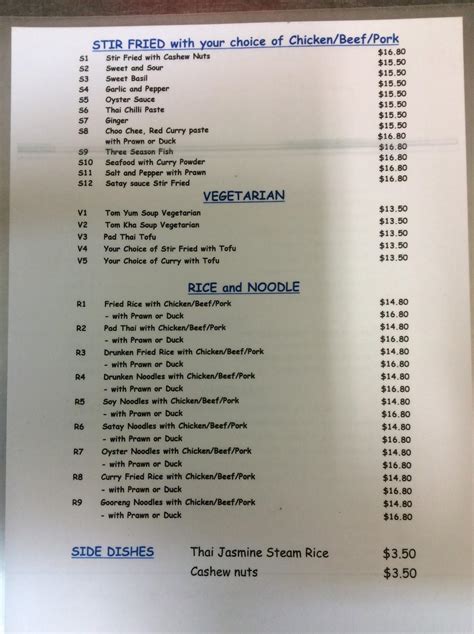 Menu at Thai Villa Restaurant, Whanganui