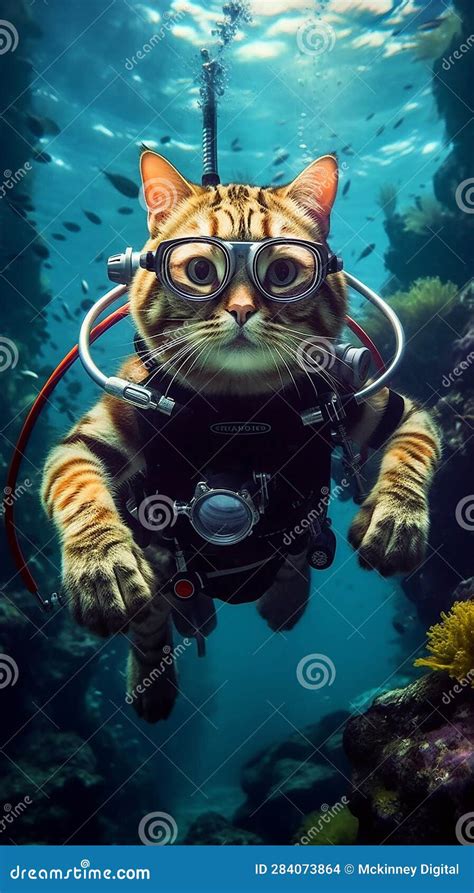 Cat Scuba Diving Underwater in Scuba Diving Gear. Stock Illustration ...