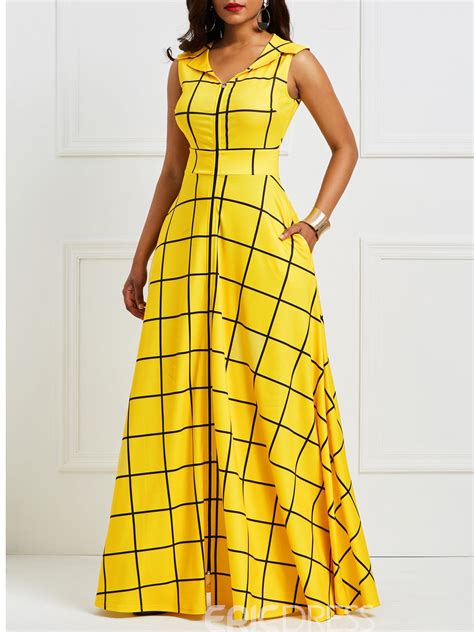 Ericdress Yellow Plaid Notched Lapel Pocket Maxi Dress | African ...