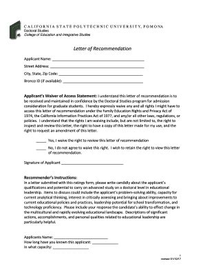 Fillable Online Letter of Recommendation - cpp.edu Fax Email Print ...