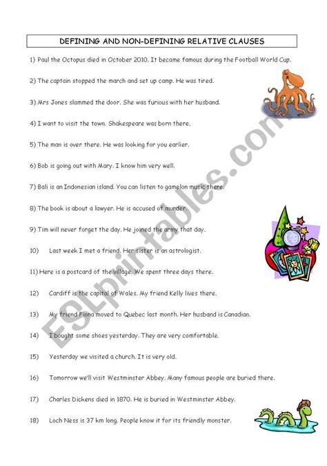 Defining and Non Defining Relative Clauses Worksheet 的图像结果