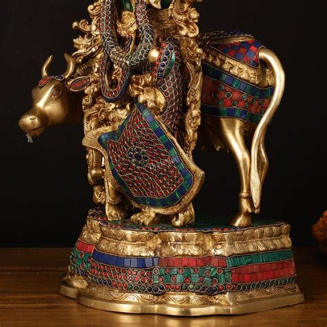 Exquisite Brass Radha with Cow Idol - 26.5" Height, Meenakari Stonewor ...
