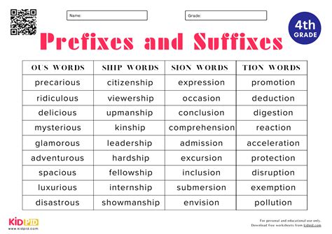 Prefixes & Suffixes Spelling List Worksheet For Grade 4 - Kidpid