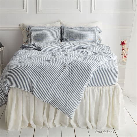 Striped duvet cover in blue color, washed, softened linen bedding ...