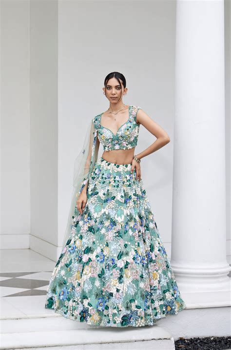 SEA GREEN LEHANGA BLOUSE DUPATTA – Opus Atelier