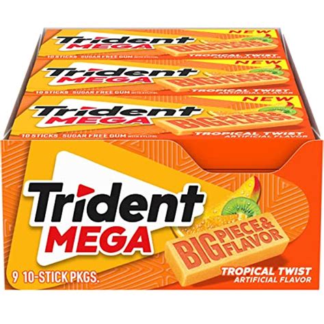 Trident Mega Tropical Twist Sugar Free Gum, 9 Packs Of 10 Pieces (90 ...