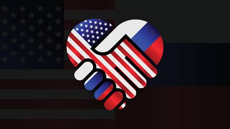 United States of America and Russia flags in relations handshake. Two ...
