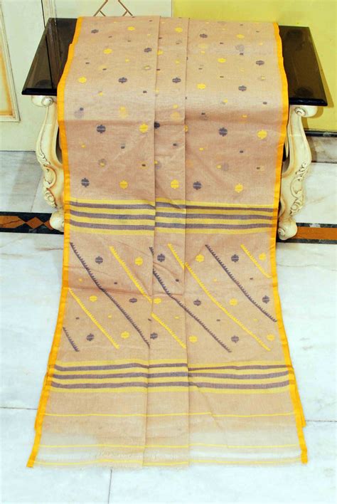 Traditional Needle Karat Work Poth Jamdani Saree in Biscotti, Bright Y ...