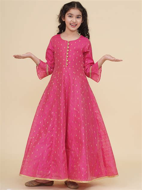 Bitiya by Bhama Girls Pink Woven Design Maxi Flared Dress.