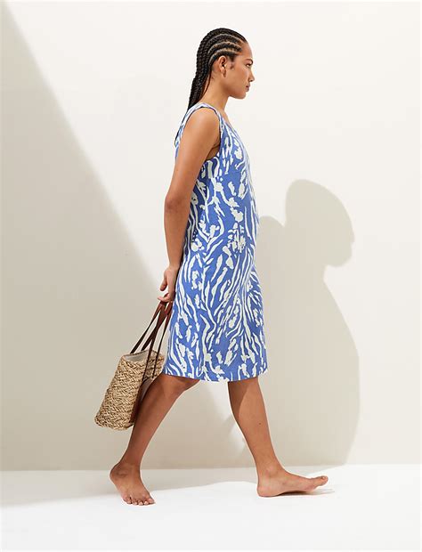 Buy Linen Rich Printed Round Neck Shift Dress at Marks & Spencer
