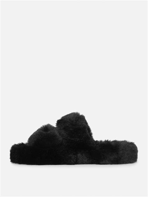 Women's Black Fluffy Double Strap Slippers | Primark