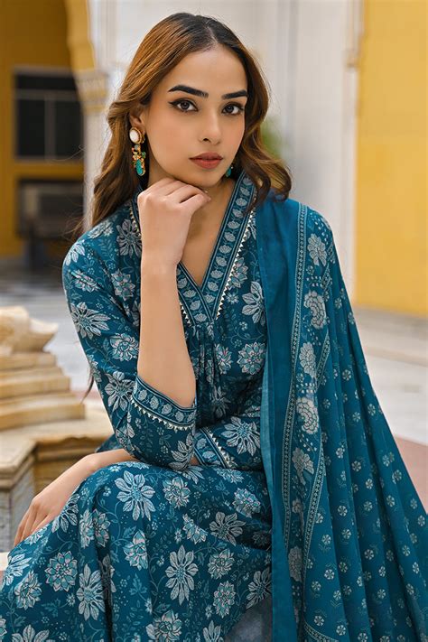 Blue Floral Printed Rayon Kurta Pant with Dupatta, 3pc set – Tashvi's