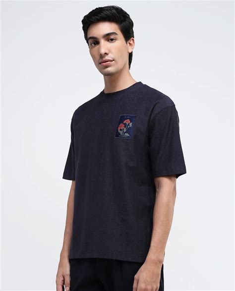 Rare Rabbit Men's Loopet-1 Navy Cotton Embroidered Oversized Fit Half