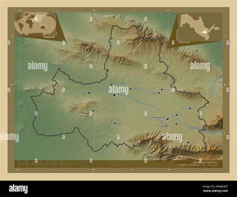 Samarkand, region of Uzbekistan. Colored elevation map with lakes and ...