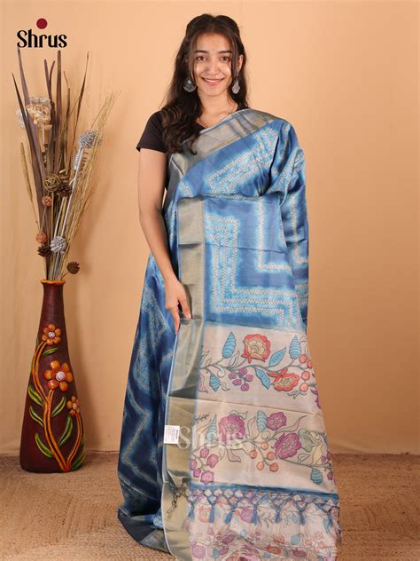 Blue & Cream - Printed Tussar Saree
