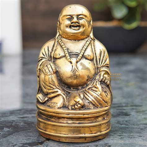Brass Laughing Happy Buddha Idol Statue Small Showpiece Fengshui Vastu ...