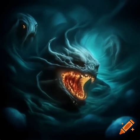 Lovecraftian horror illuminated by bioluminescent body parts beneath ...