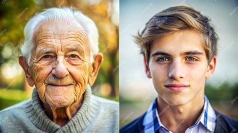Comparison of young and elderly age with sidebyside portraits of an old man and a young man ...