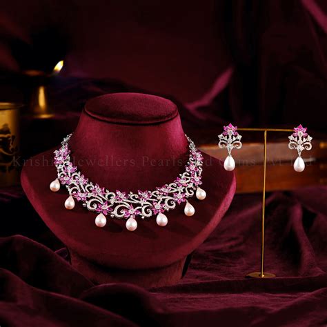 18K Diamond & Pink Sapphire Floral Necklace Set – Krishna Jewellers