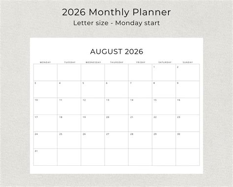 2026 Monthly Calendar PRINTABLE 2026 Monthly Planner Landscape 2026 ...