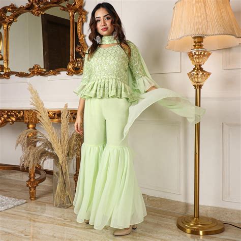 Pista Green Partywear Sequence Embroidered Georgette Sharara Suit