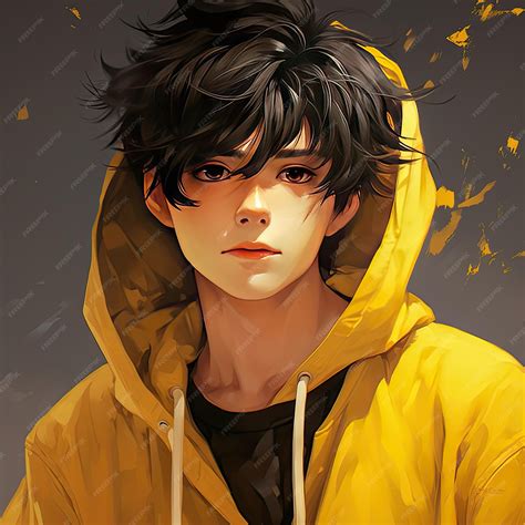 Premium AI Image | Cute and Handsome Anime boy wear yellow hoodie