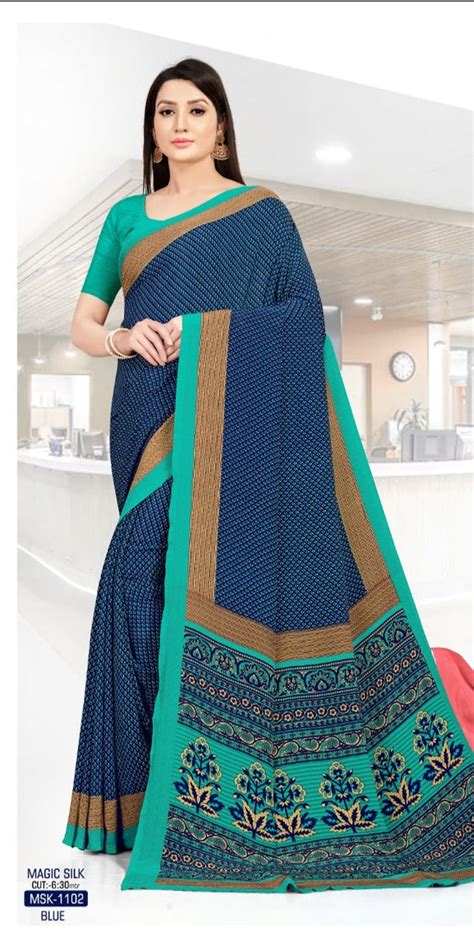 Crepe Silk BLUE Printed Uniform Saree – Satish Silk Mills