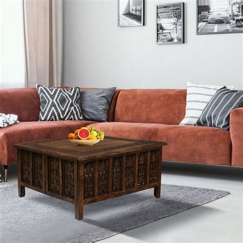 Big Square Coffee Table Mango Wood Carved Centre Piece