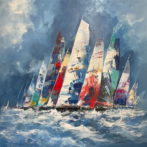 Bernard - 'Ferocious Seas' Contemporary Abstract painting of sail boats on the sea, blue For ...