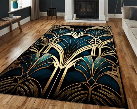 Art Deco Rug, Navy Blue Gold Striped, Modern Art Rug, Abstract Rug ...