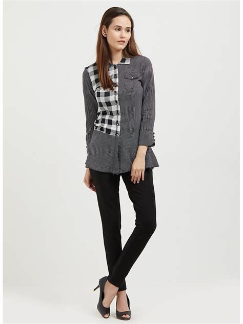 Uneven Black Printed With Side Checks Panel Shirt Shirts