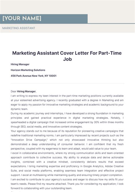 Free Marketing Assistant Cover Letter For Part-Time Job Template to Edit Online